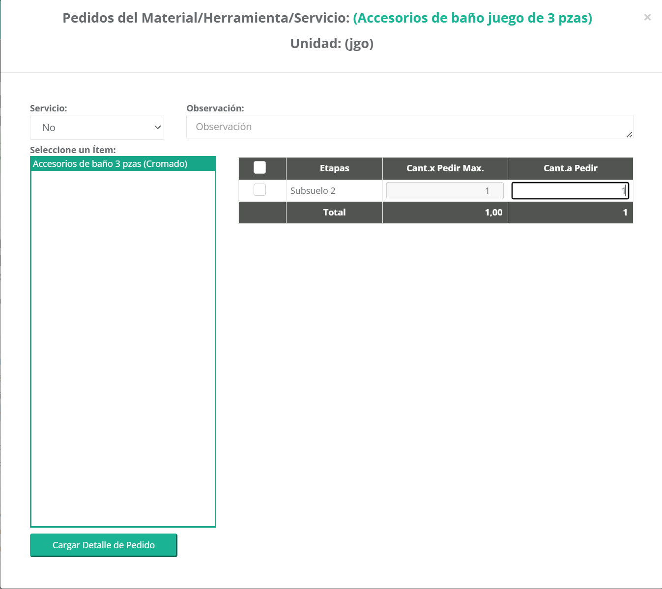 Formulario de nuevo pedido